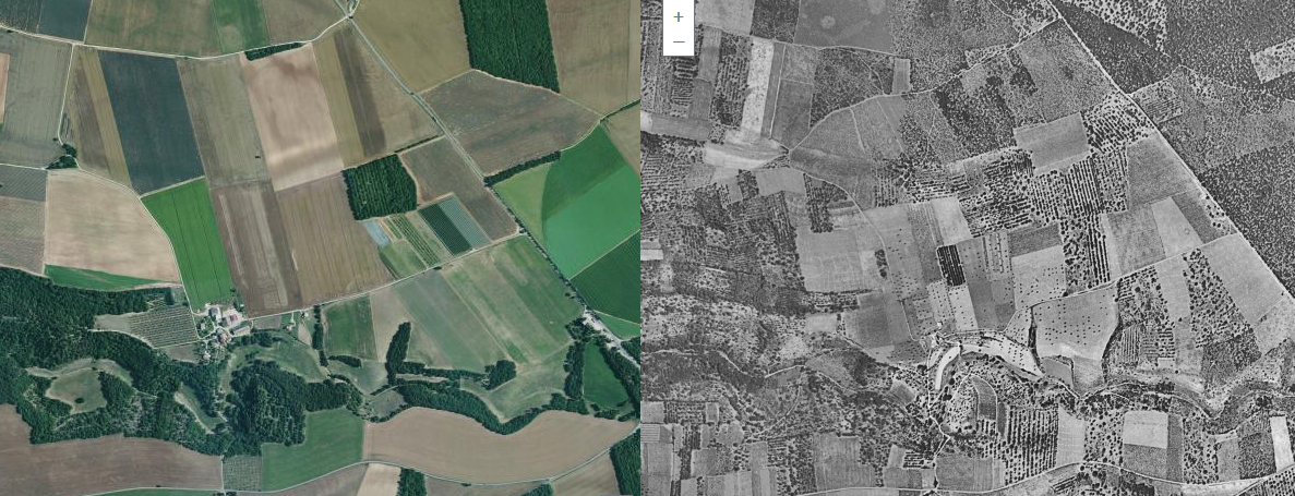 A droite, le plateau de Valensole dans les années 60 avec ses petites parcelles et les nombreux amandiers et à gauche le plateau aujourd'hui. Source : Géoportail 